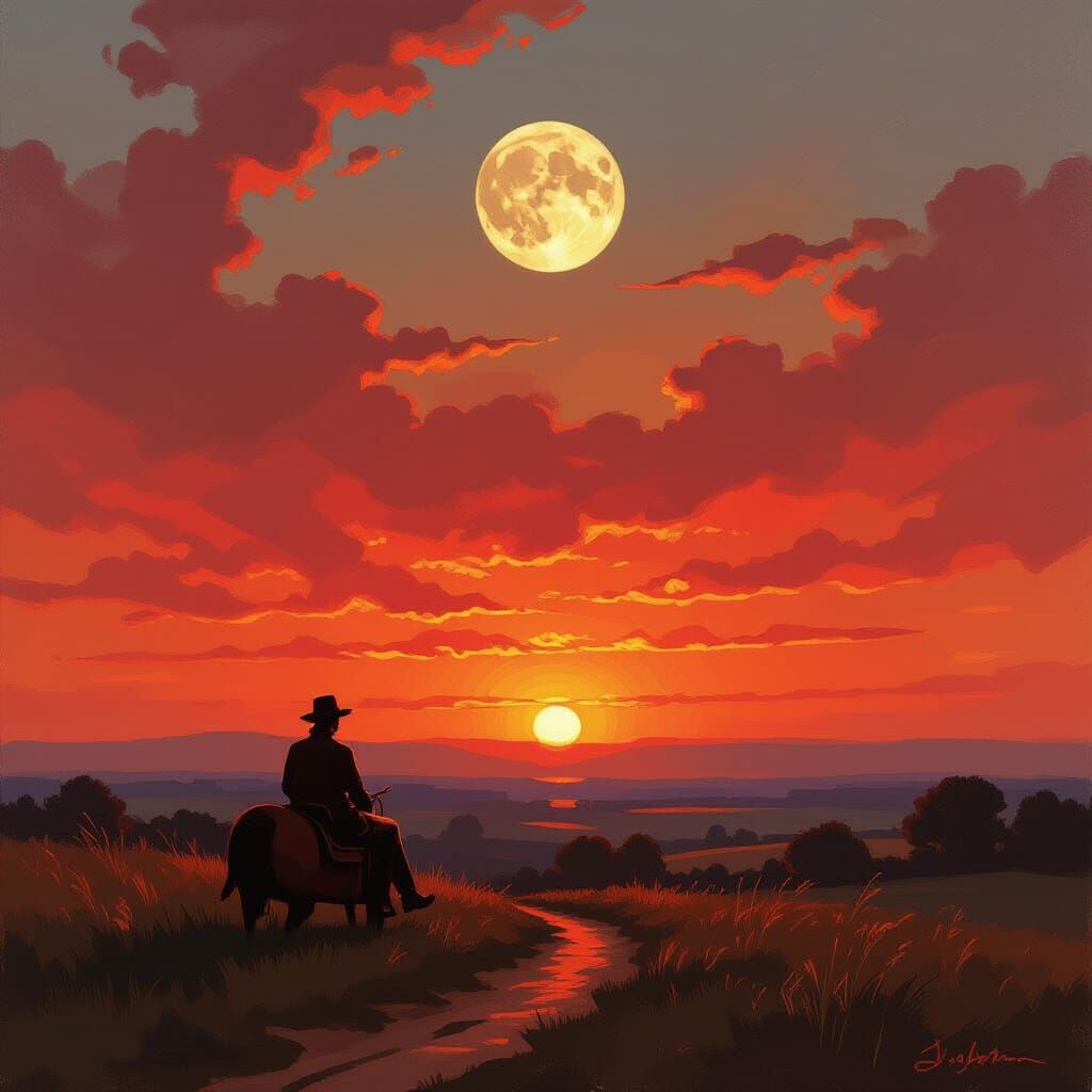 Fiery Sunset Over Vast Landscape with Rising Moon