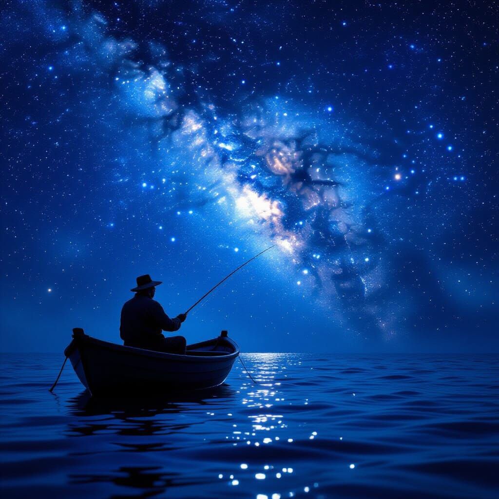 Lone Fisherman Under Starry Night Sky