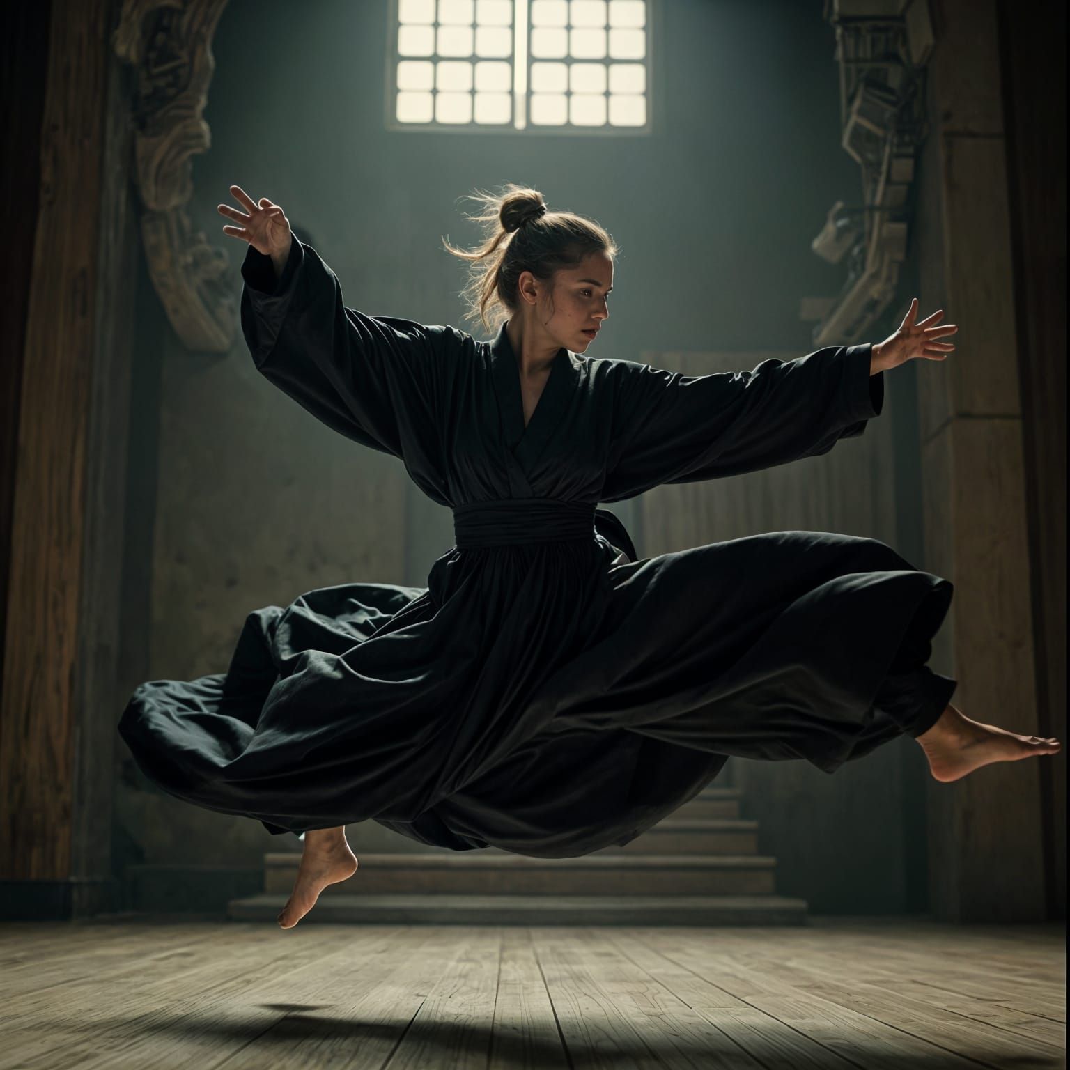 Woman Mid-Spin Kick: Cinematic Film Still