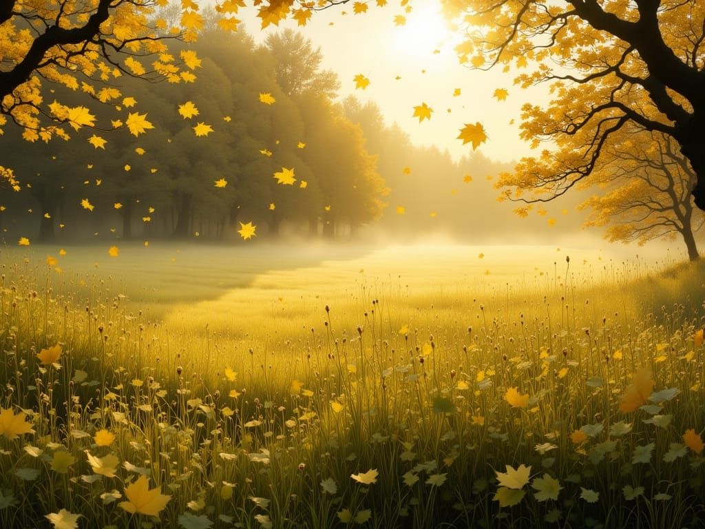 Autumn Meadow Sunrise with Falling Leaves