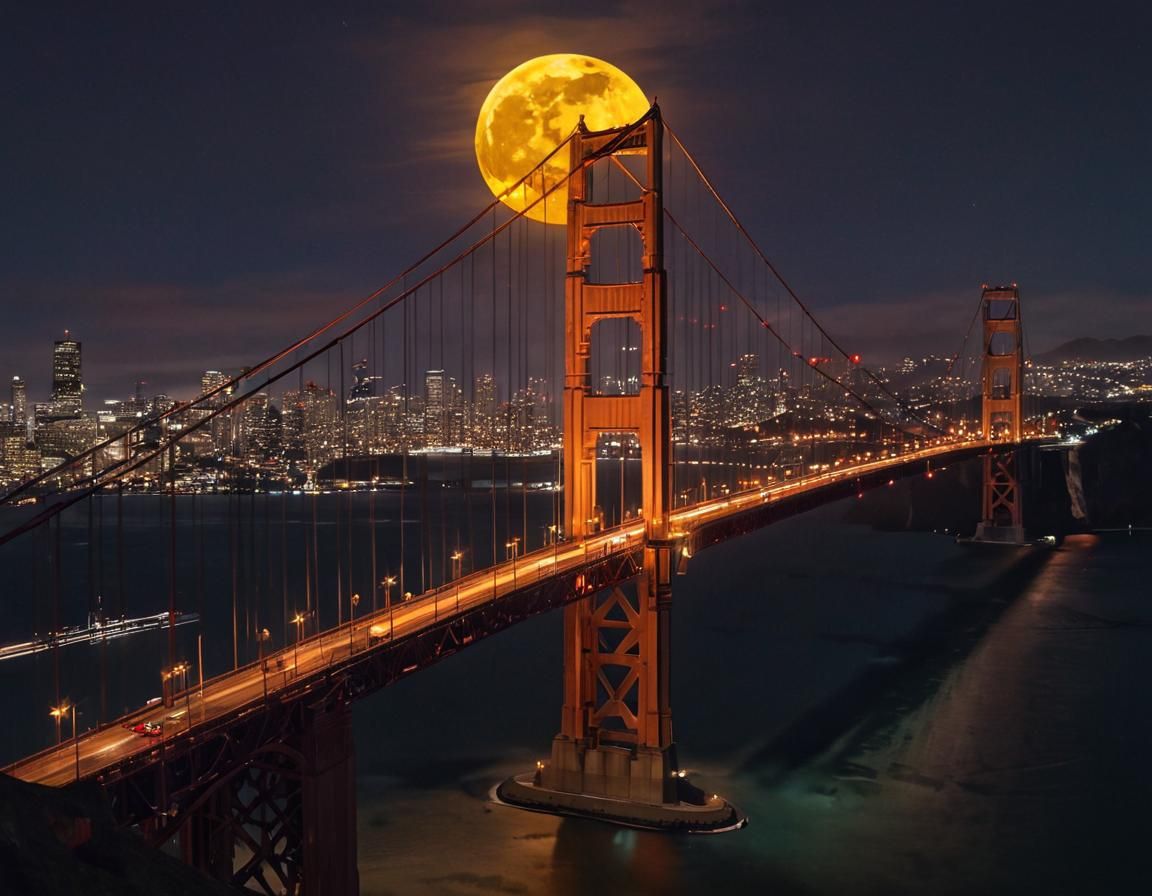 Golden Gate Bridge and San Francisco Under Full Moon
