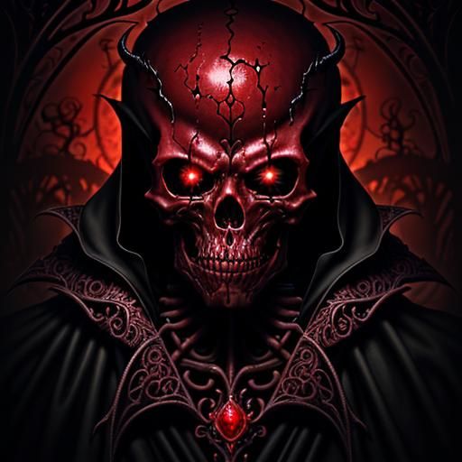 Demonic Skeleton in Ruby Filigree, Art Nouveau Style