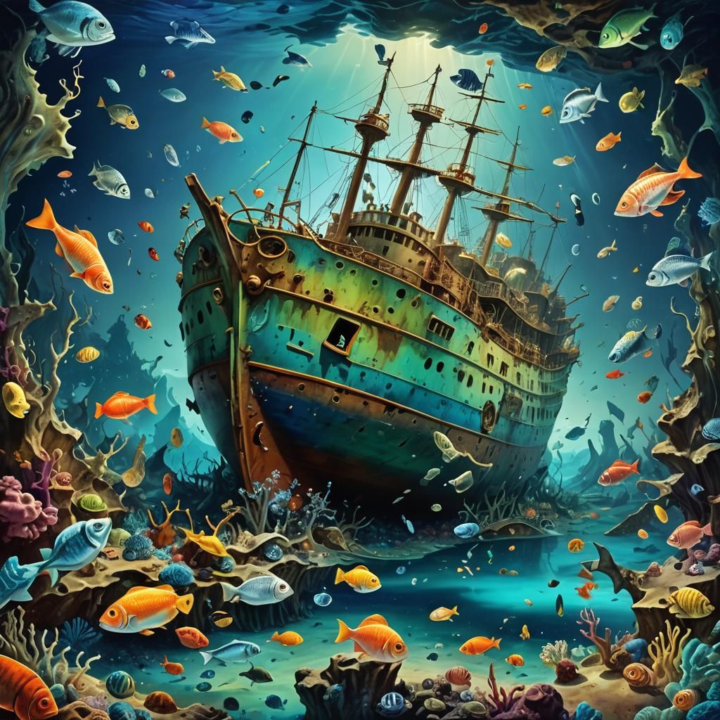 Surreal Shipwreck Symphony in Dreamlike Turquoise Hues