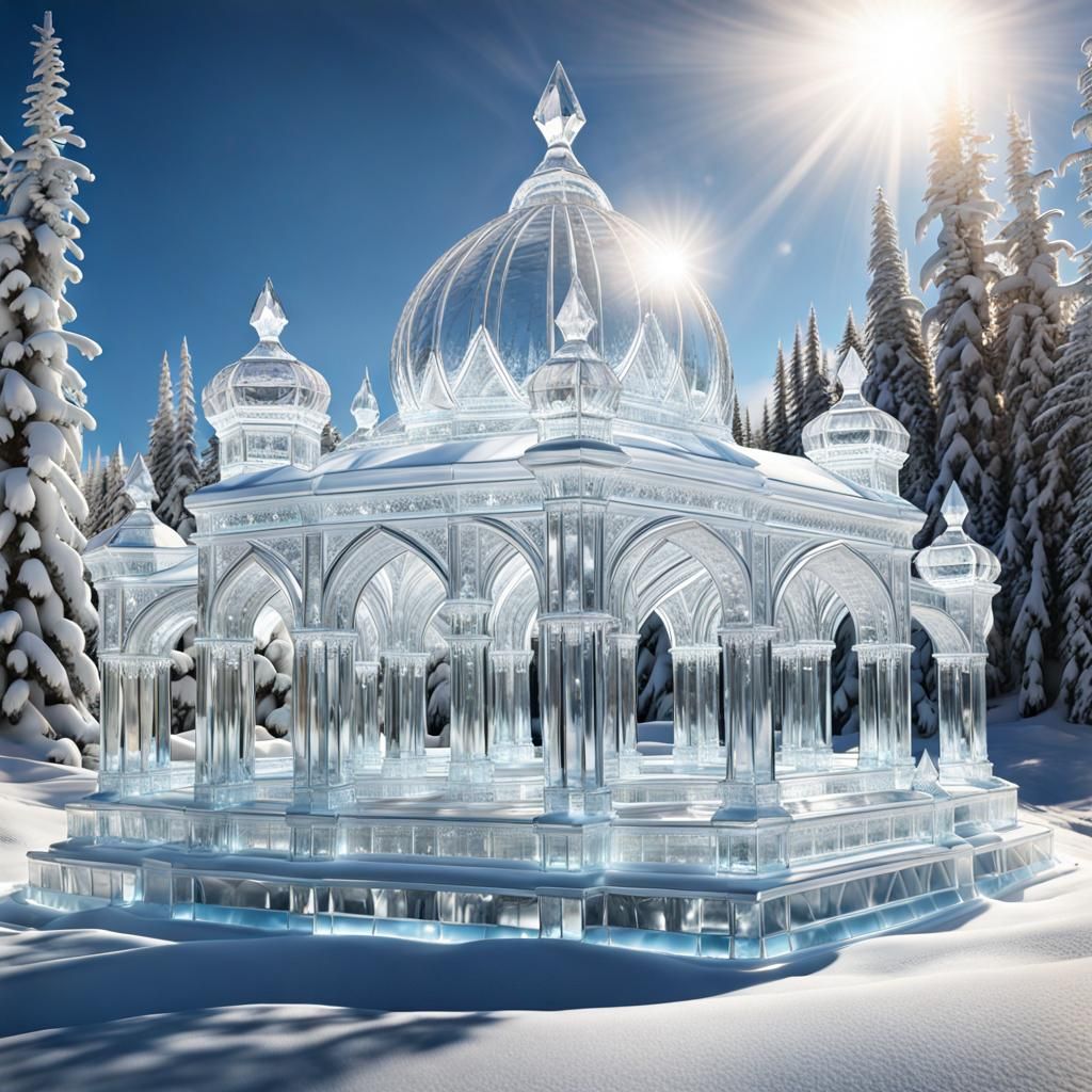 Gorgeous Ice Palace Sculpture in Winter Landscape