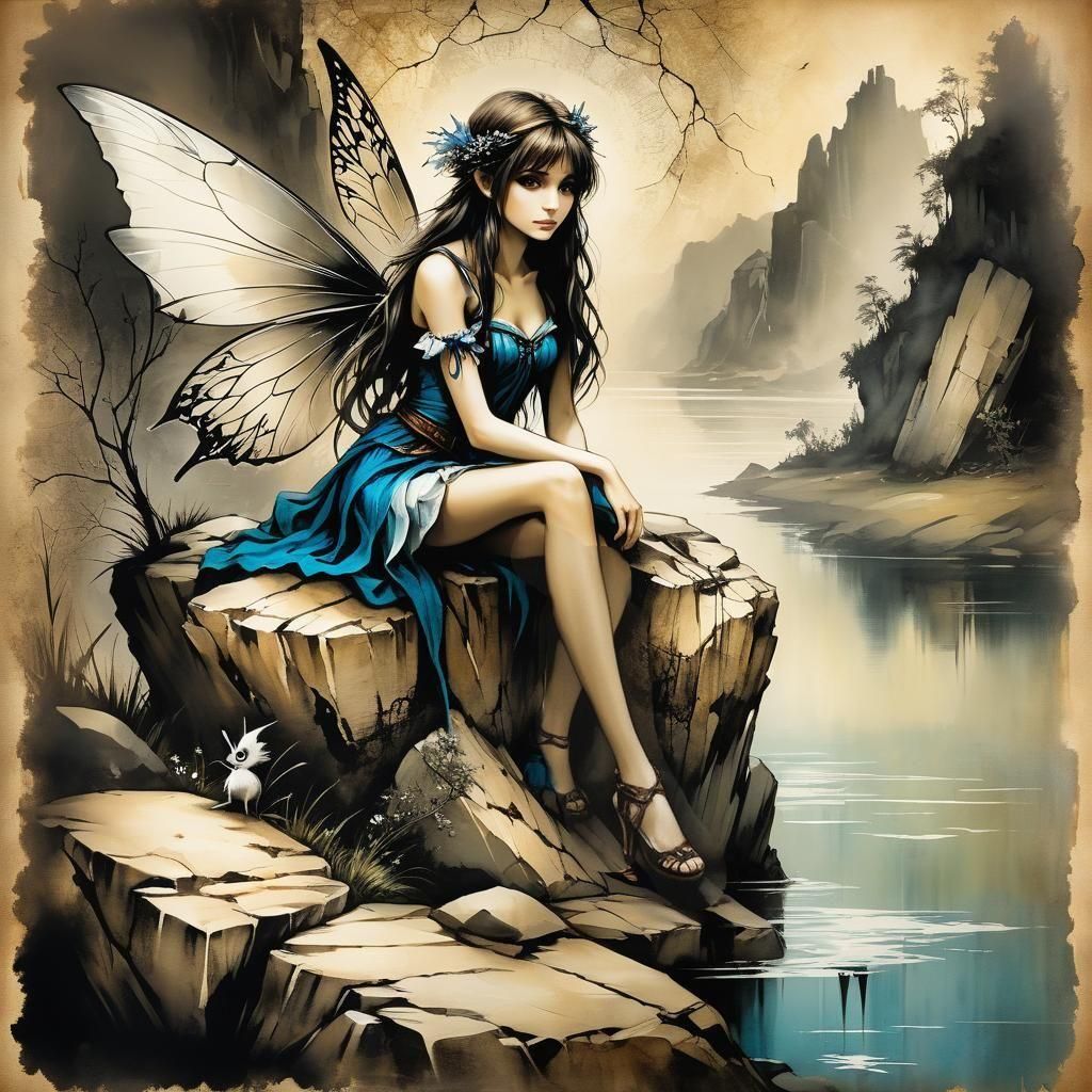 Fairy sitting on a rock, river,