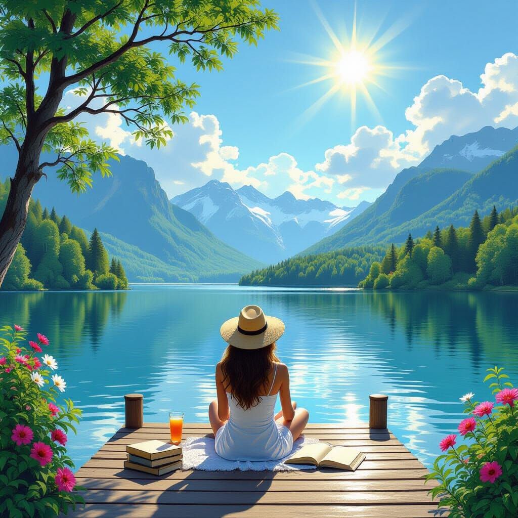 Peaceful Lake Scene with Person Reading on Dock