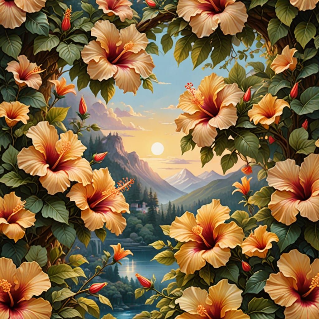 Mystical Hibiscus Wreath in Warm, Dreamlike Aesthetic