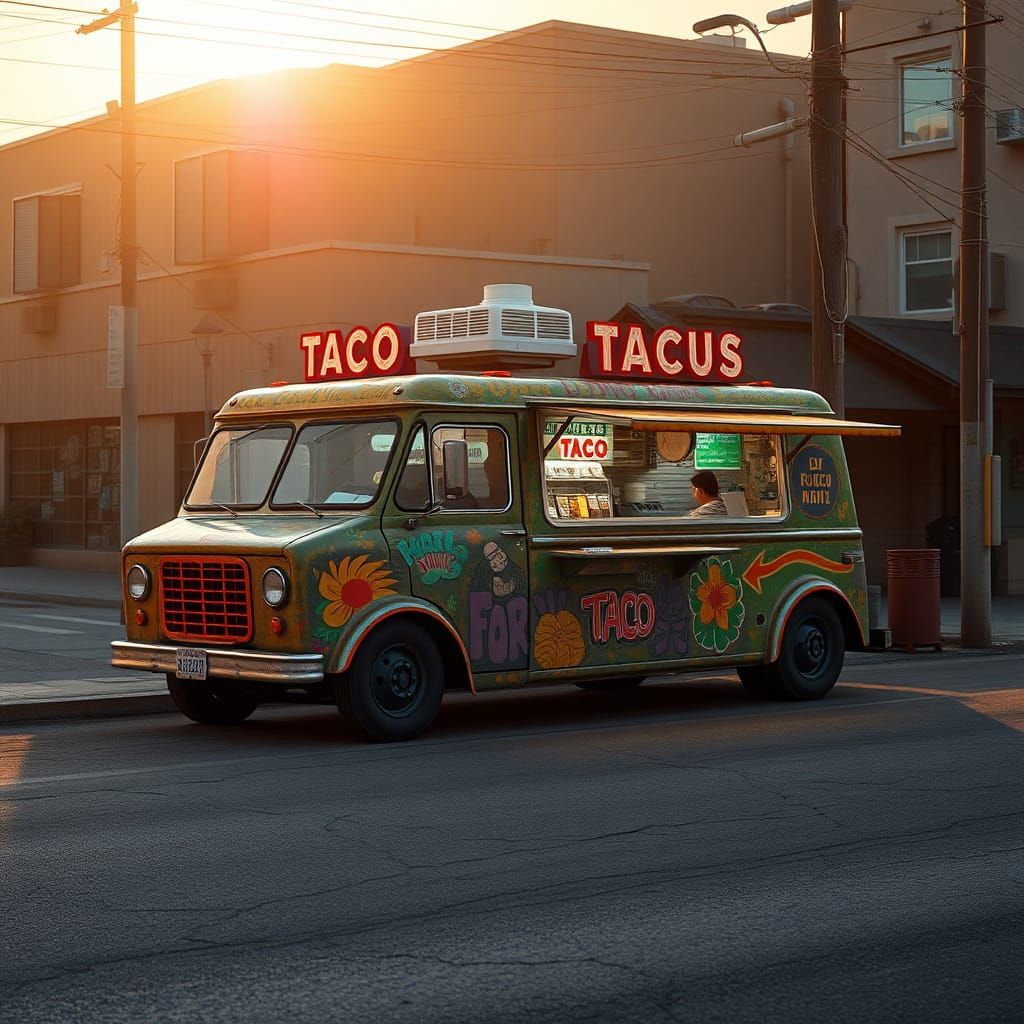 Vibrant Taco Truck in Dystopian Retro-Futuristic Style