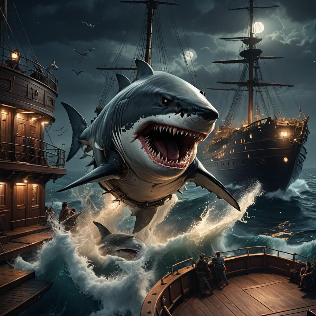 Moonlit Shark Attack: Fantasy Art in 8K Resolution