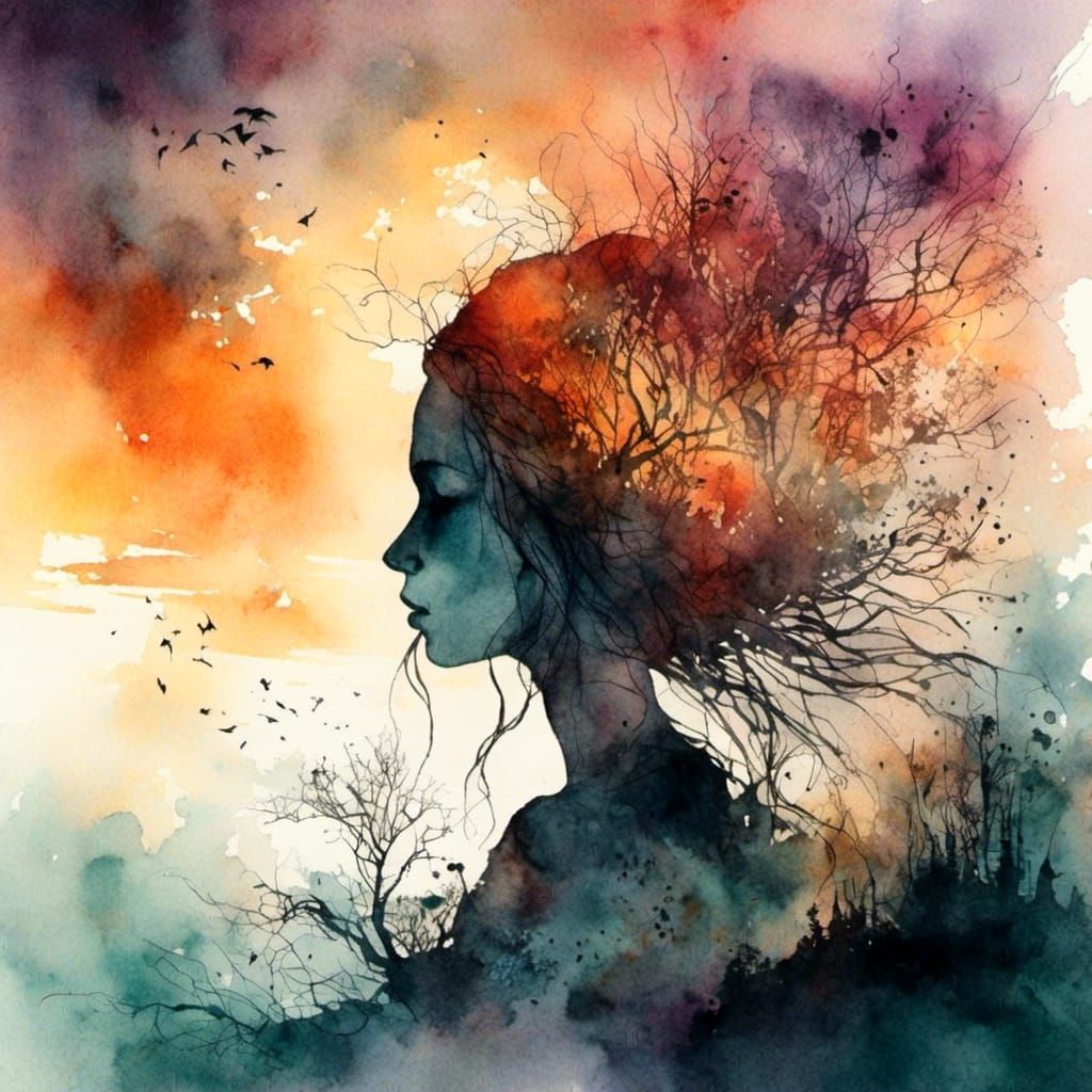 Sunset Silhouette Portrait in Digital Watercolor Style