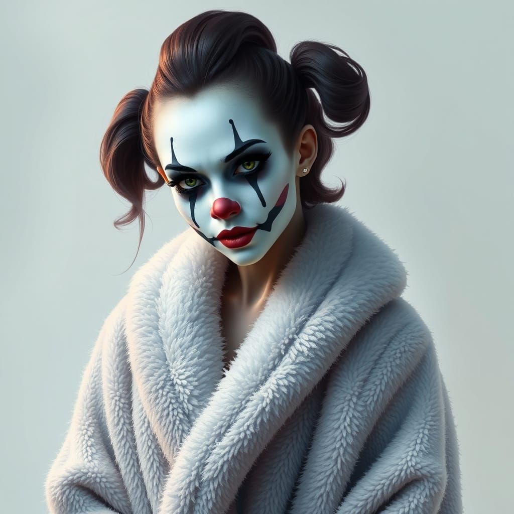 Monochromatic Clown in Plush Gown, Digital Art