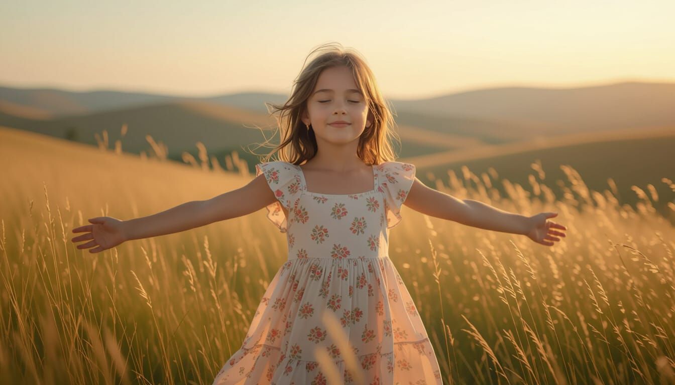 Girl in Flowing Dress in Golden Lit Landscape