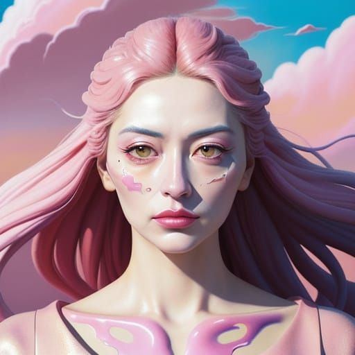 Surreal Woman in Vibrant Pink Clouds
