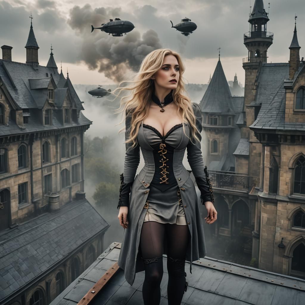 Woman on Gothic Manor Roof with Airships