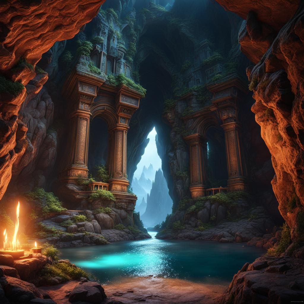 Magic Portal in Mountain Cave: Fantasy Concept Art