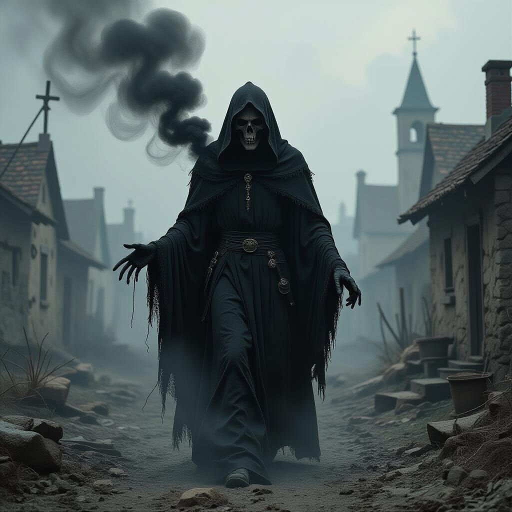 Skeletal Figure in Plague Village: Dark Fantasy Art