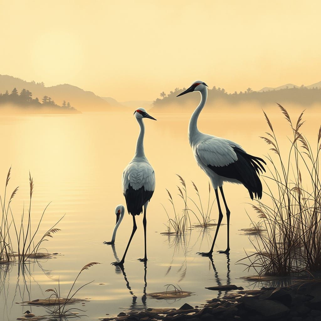 Cranes in Serene Lake Landscape, Traditional Sumi-e Style