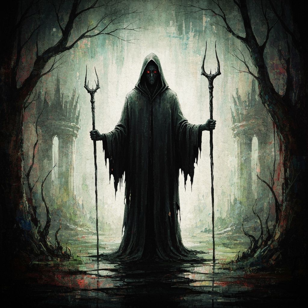 Dark Keeper in Mystical Realm as Impasto Gouache