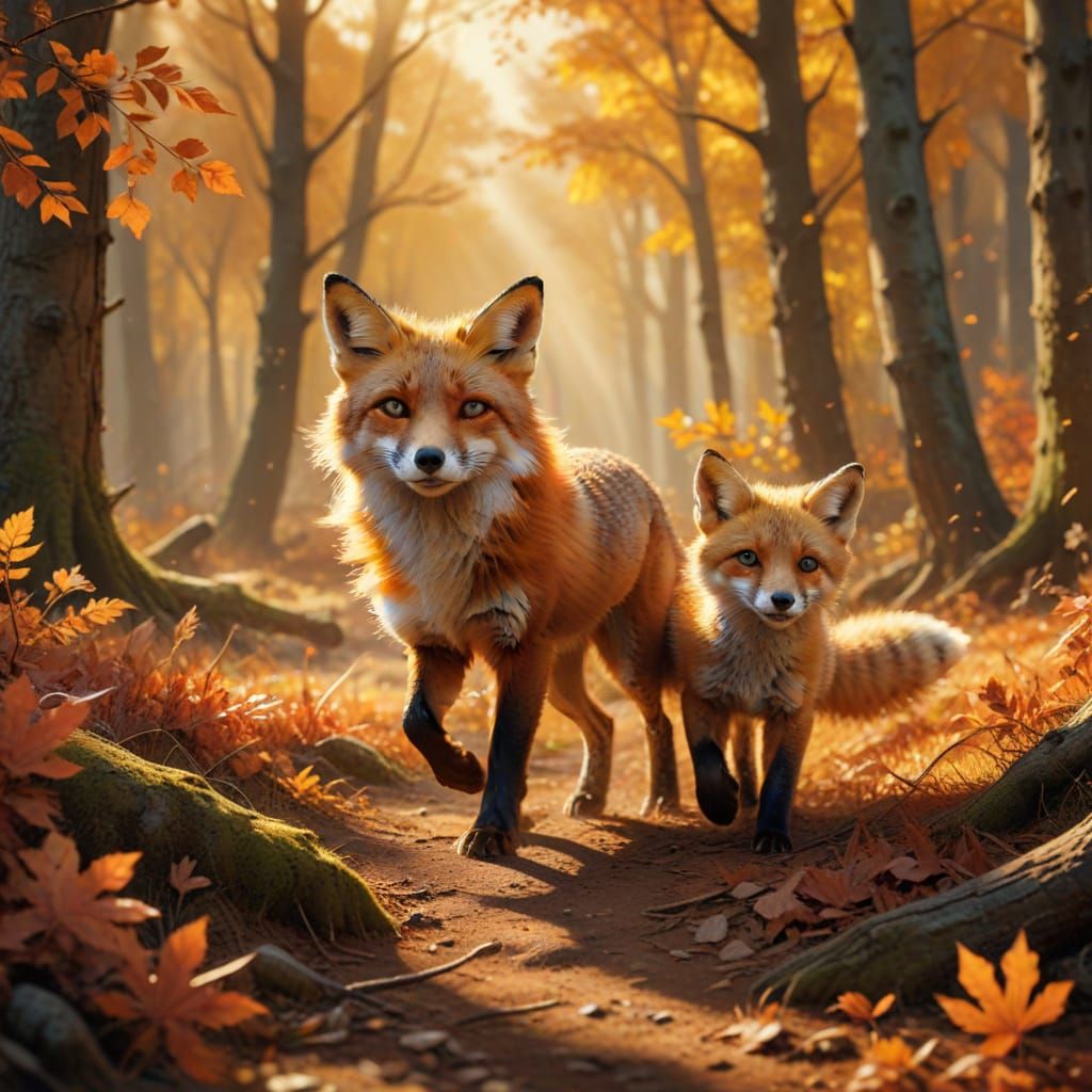 Joyful Fox Family Chasing Through Autumn Forest