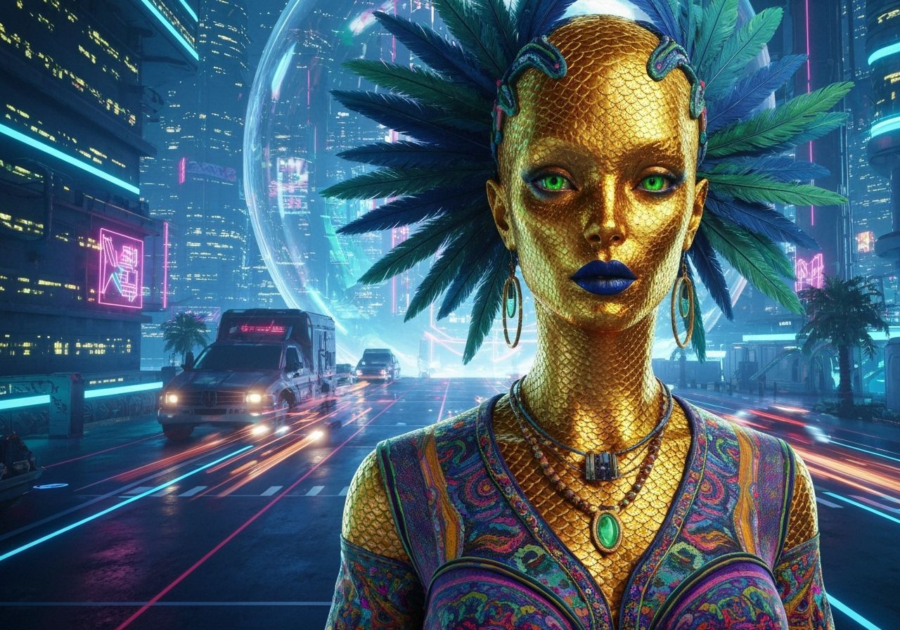 Golden Alien in Synthwave Cityscape