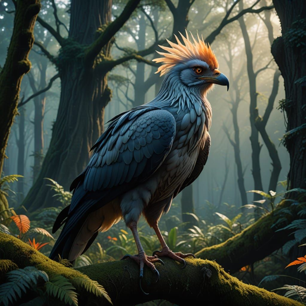 Lion-Secretary Bird Hybrid in Mystical German Forest