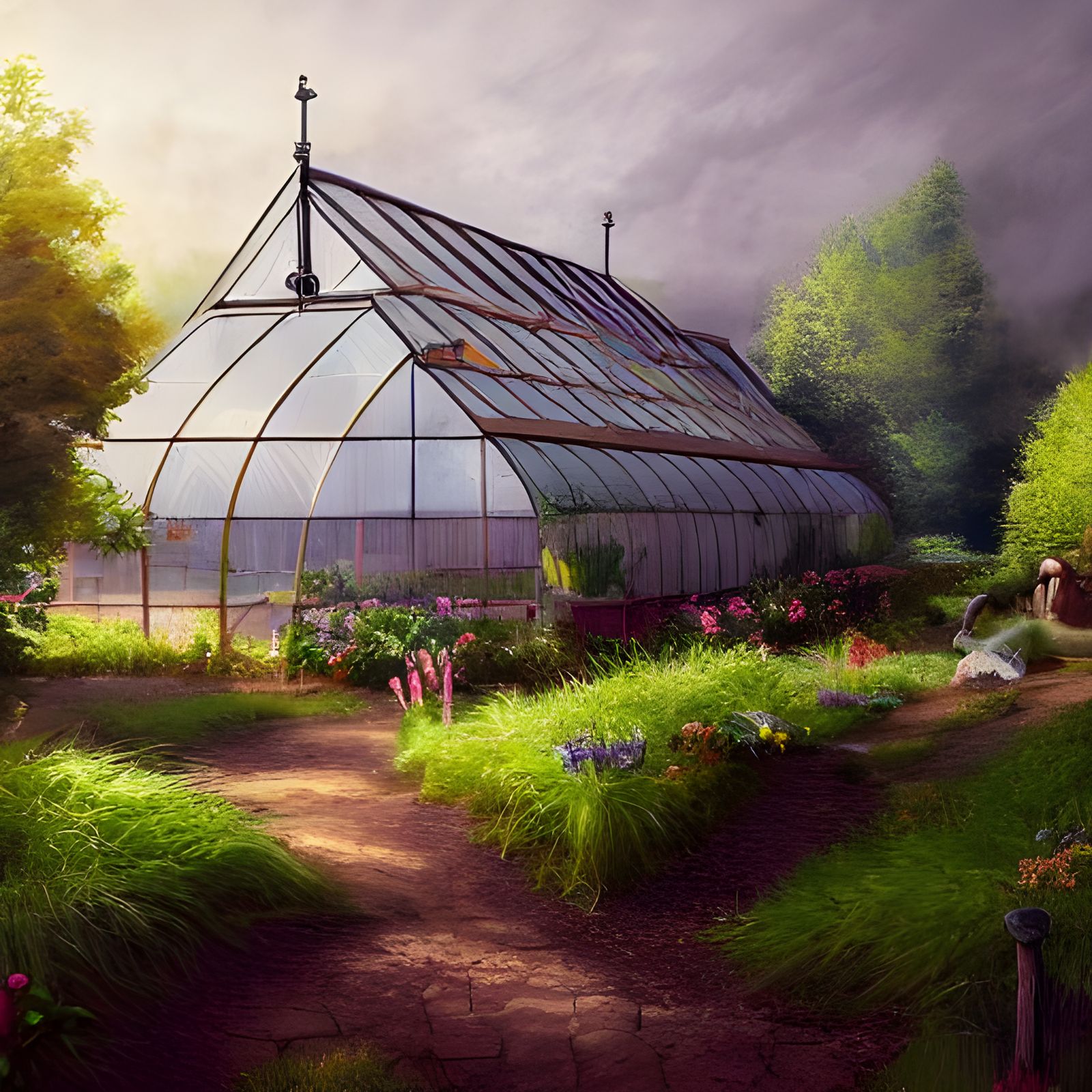 Art-Deco Greenhouse Garden in Rural Countryside