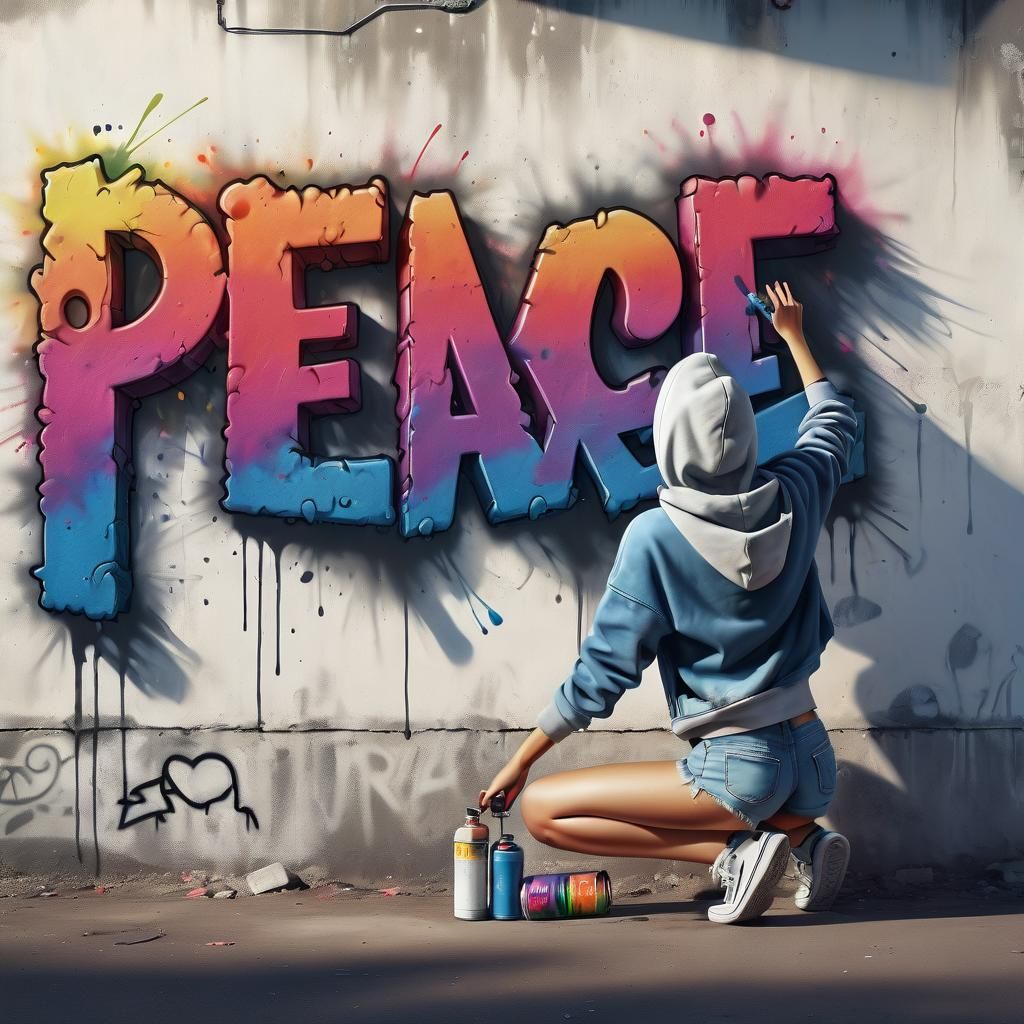 Urban Graffiti Art: Woman Paints "PEACE"