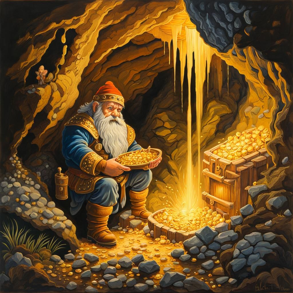 Dwarf Finds Gold Treasure in Cave, Gouache Painting