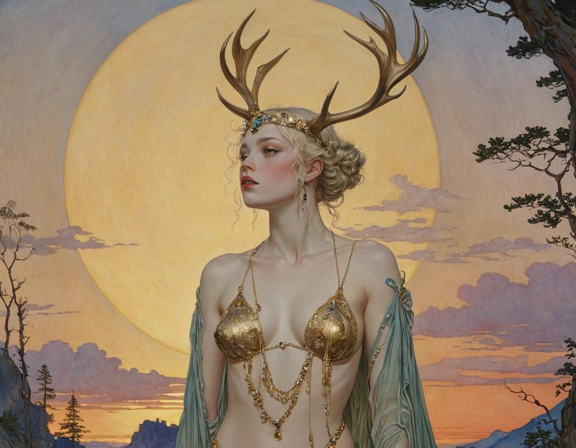 Sunset with Antlered Woman in Golden Age Illustration