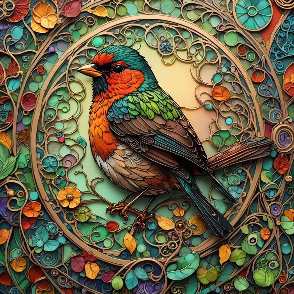 Whimsical Robin Redbreast in Art Nouveau Style