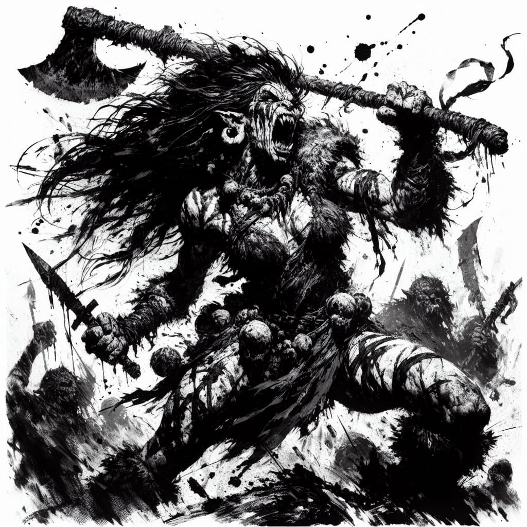 Dark Fantasy Orc Demoness in Hypermaximalist Ink Art