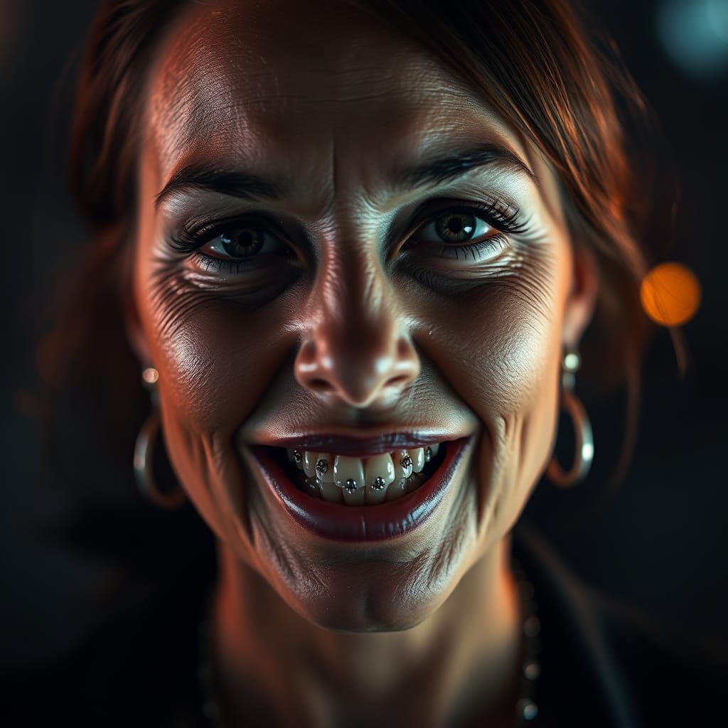 Woman with Silver Dentures: Hyperrealistic Digital Portrait