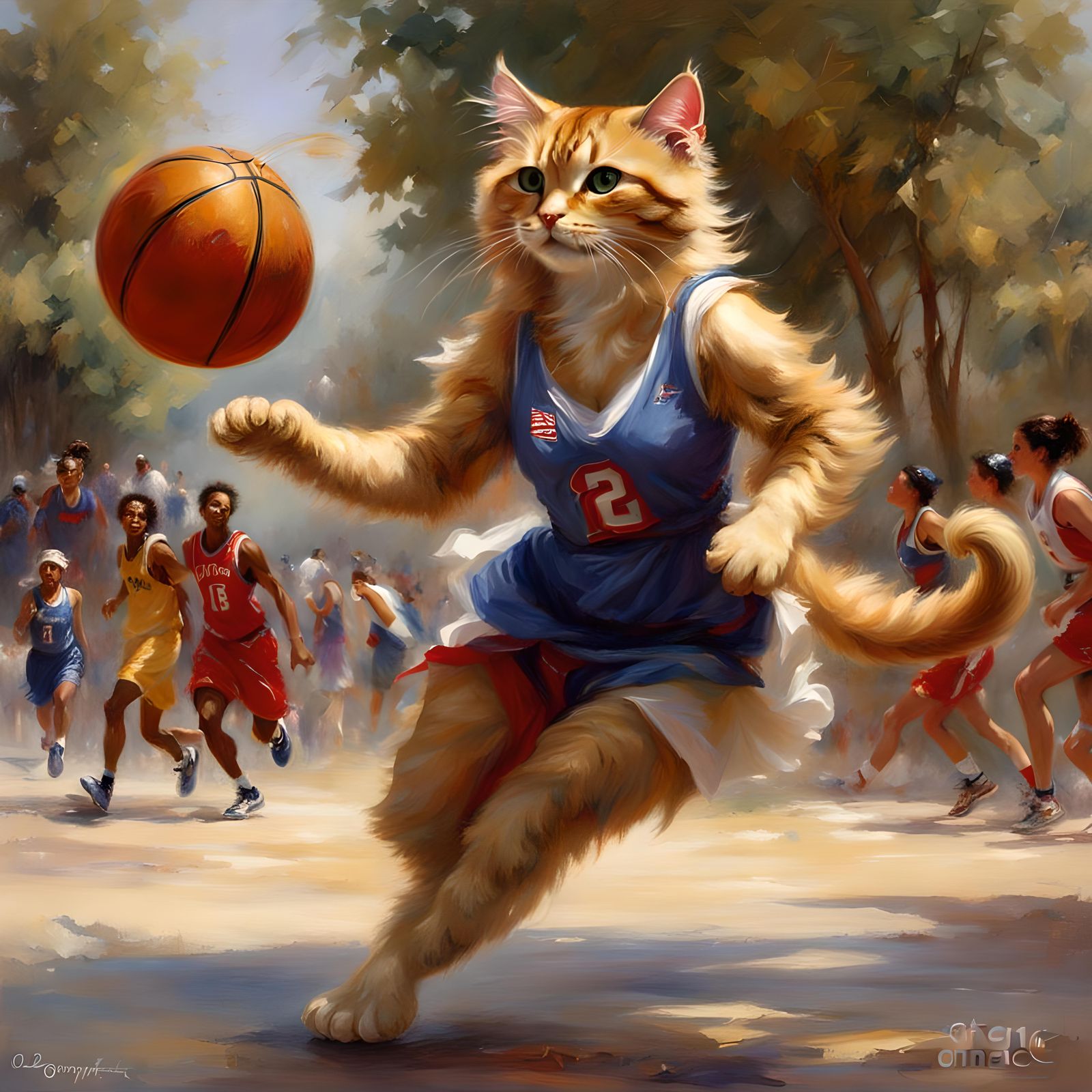 Furry Female Anthropomorphic cat olympian playing basketball by pino daeni