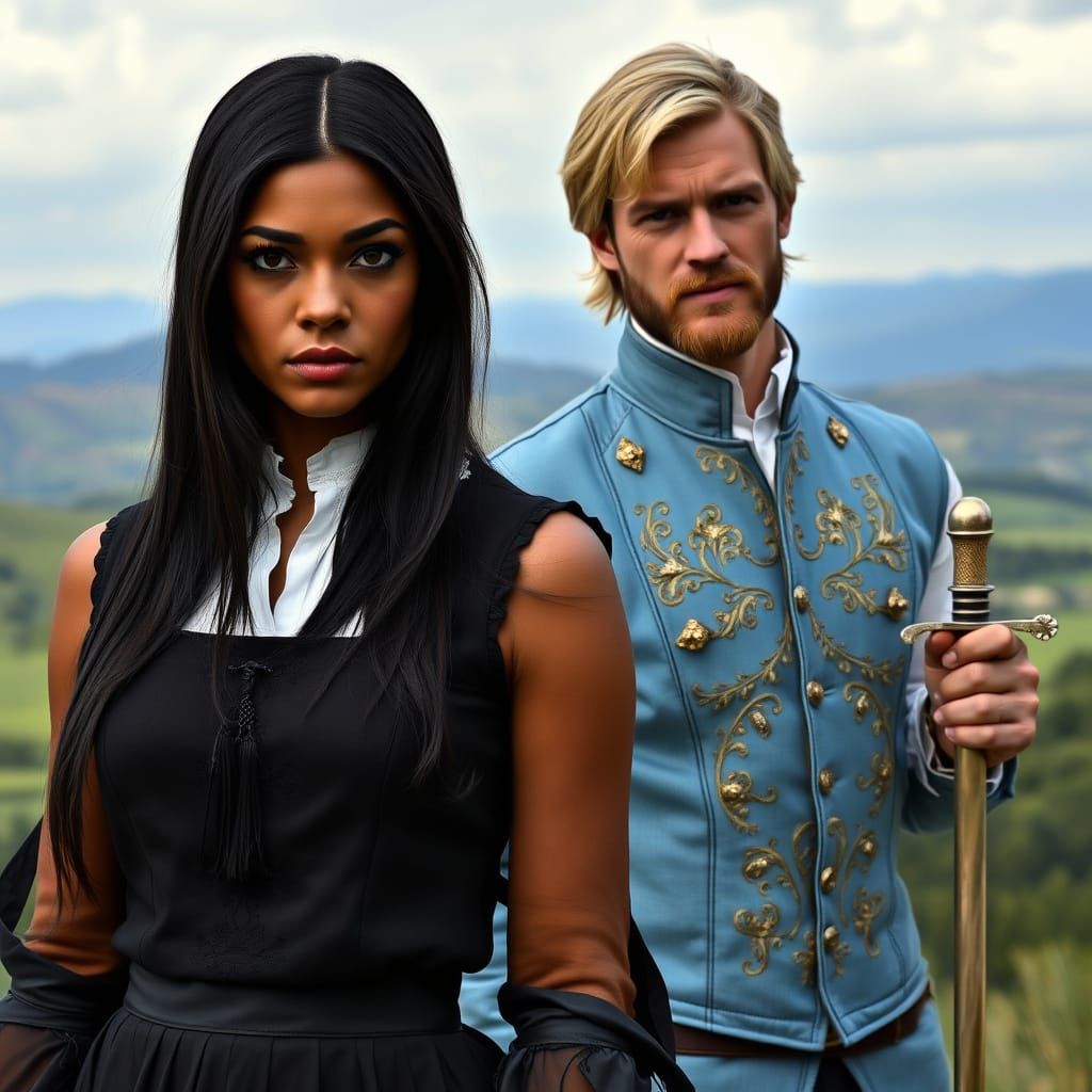 Musketeer Woman with Brother in Tuscany Landscape