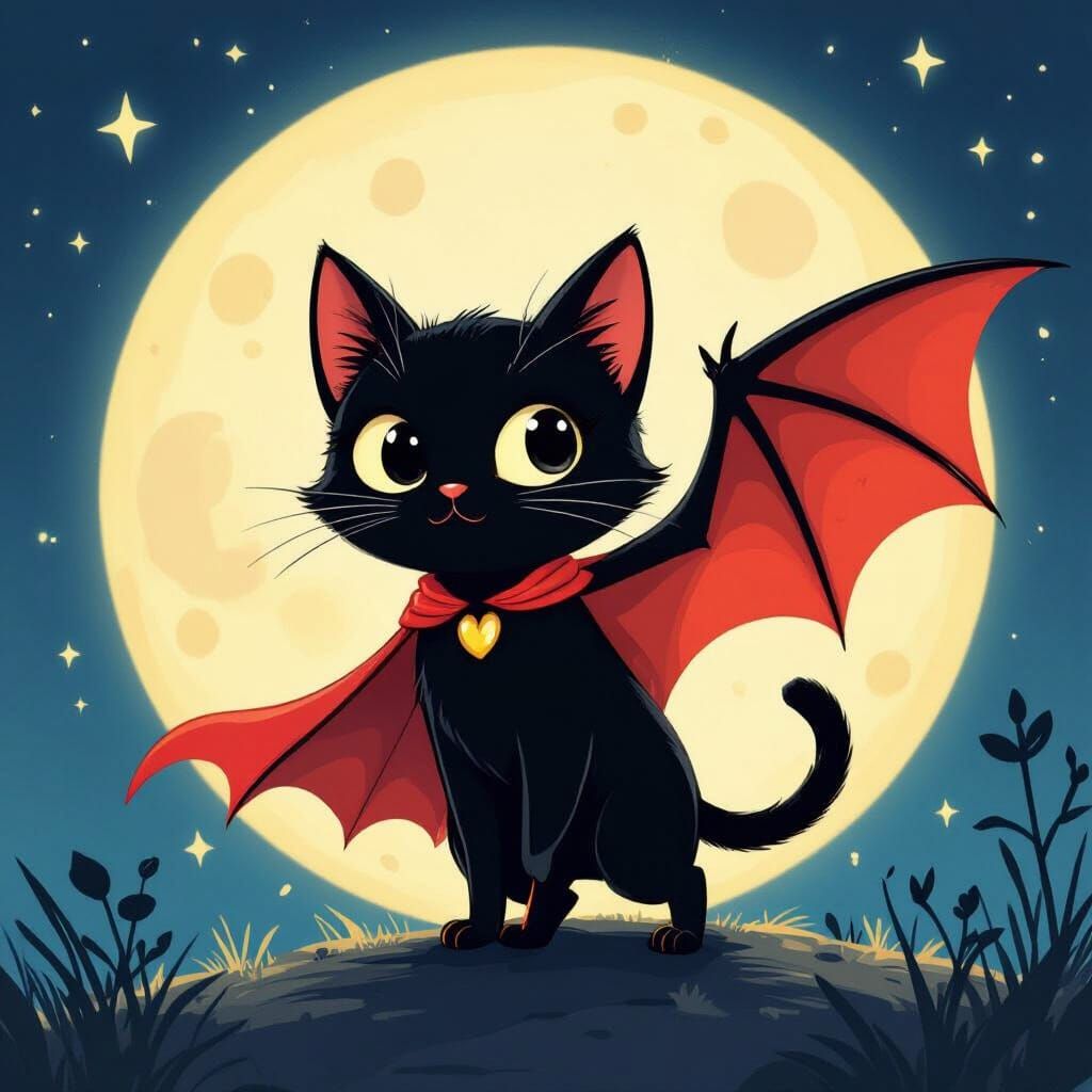 Cartoon Black Cat Transforms into Bat, Whimsical Art