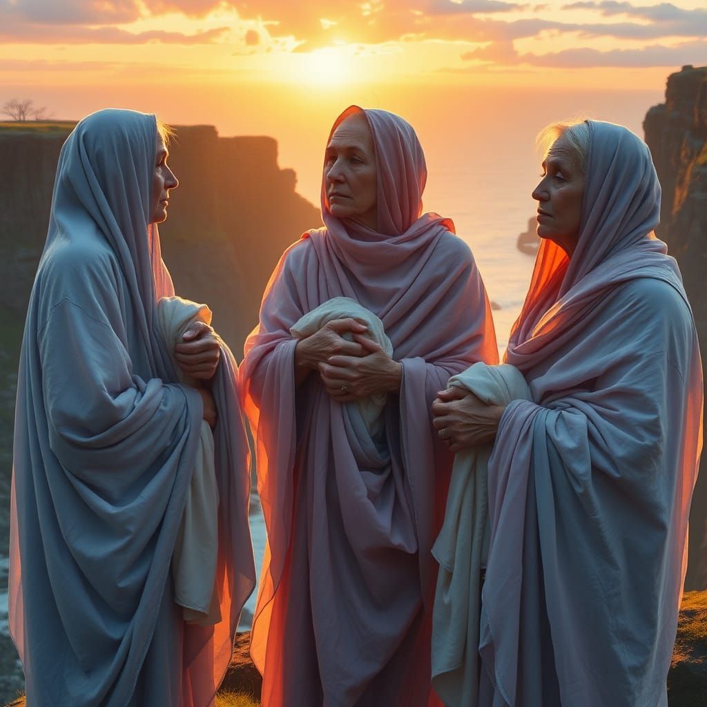 Celtic Washerwomen Gaze at Sunrise as Impasto Painting