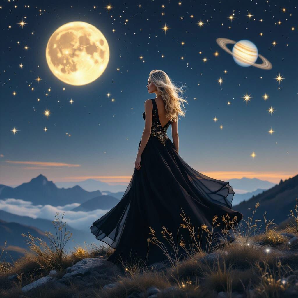 Moonlit Woman with Flowing Hair in Art Nouveau Style