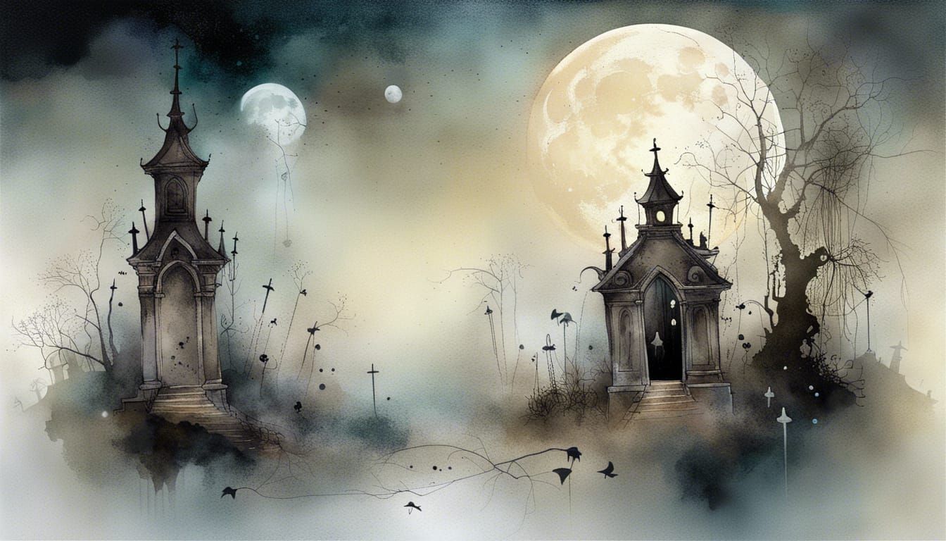 Spirits Roam Graveyard in Metallic Watercolor Splash Art