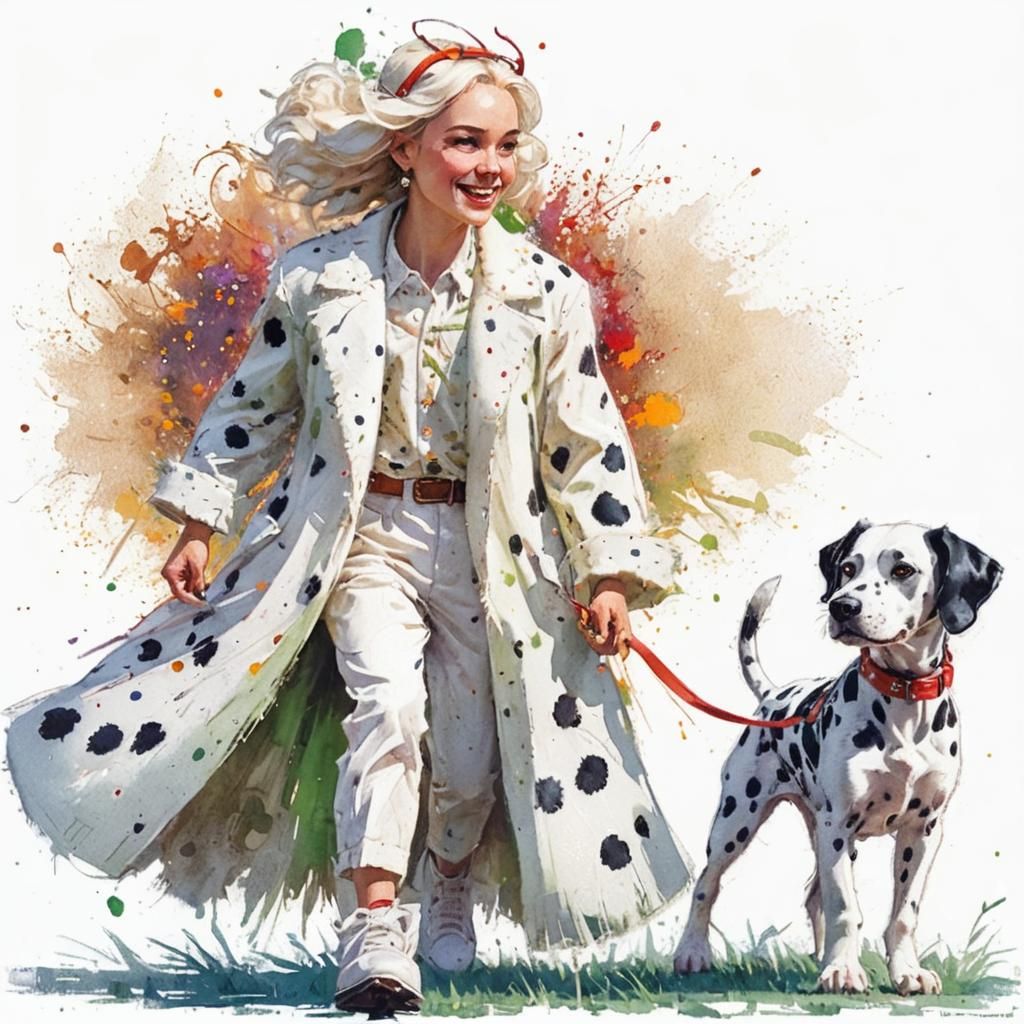 Whimsical Cruella De Vil Walks Dalmatian in Sunny Meadow