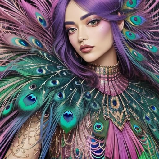 Surreal Woman with Peacock Hair in Rainbow Hues
