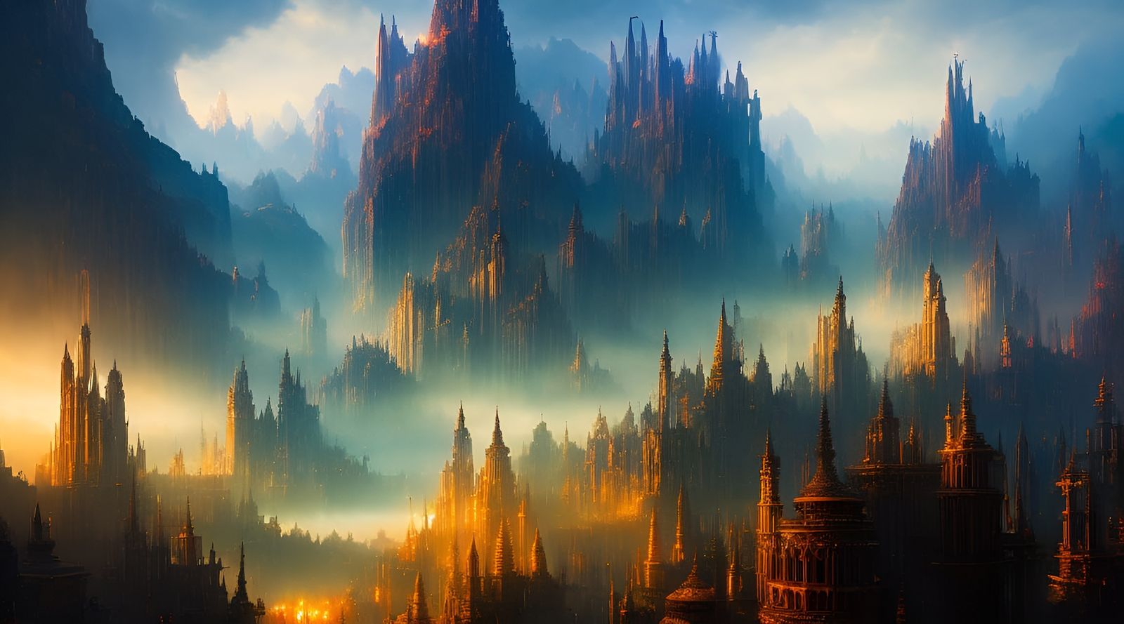 Magical Medieval City with Yggdrasil in Acrylic Art