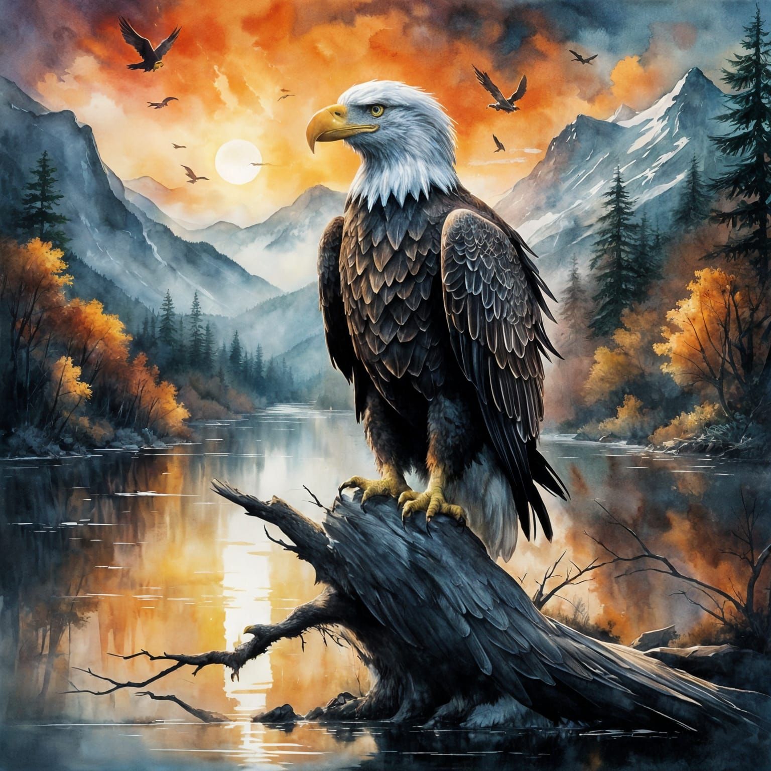 Majestic Bald Eagle Sunset Over Forest River