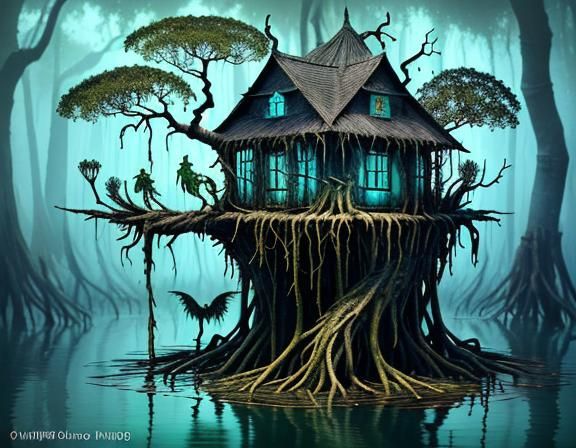 Monster in Mangrove: Surreal Neon Swamp Scene