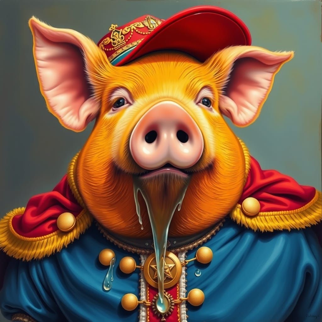 Orange Pig King with Baseball Cap, Surreal Art