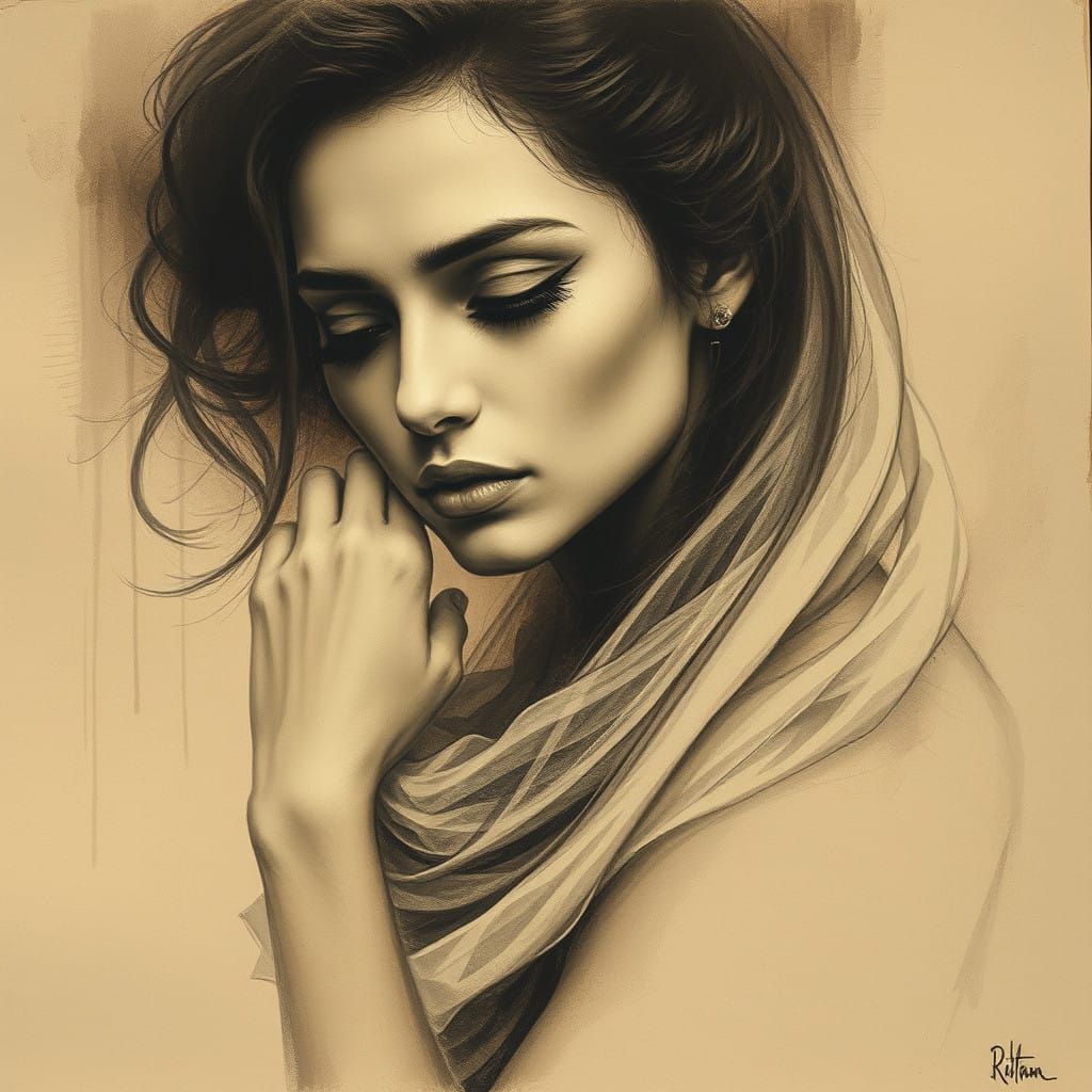Emotional Charcoal Portrait in Sepia Tones