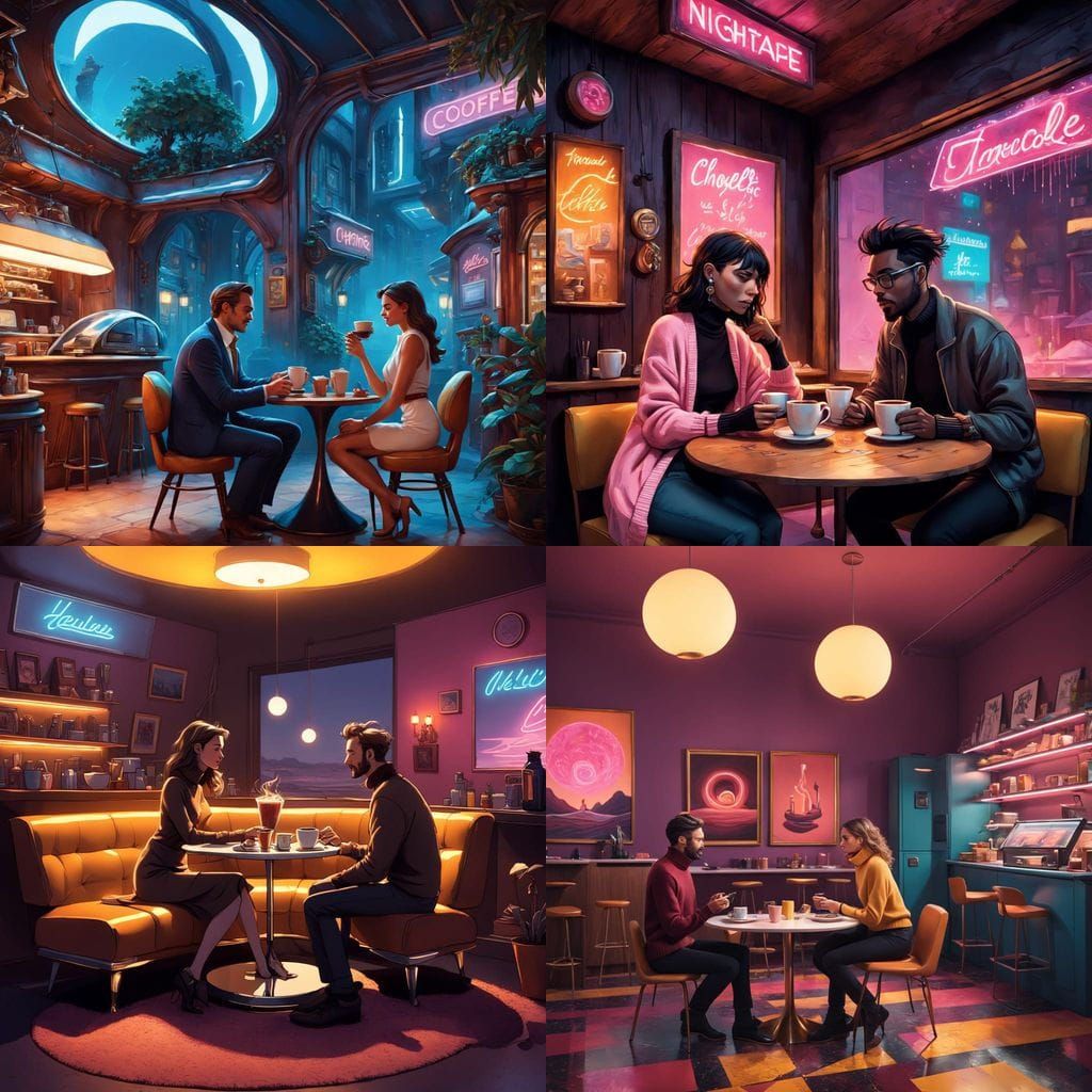 Romantic Night Cafe Scene in a Quirky Artistic Setting
