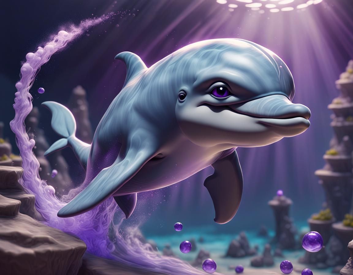 Cute dolphin with greyish blue skin. Swimming swiftly with a...