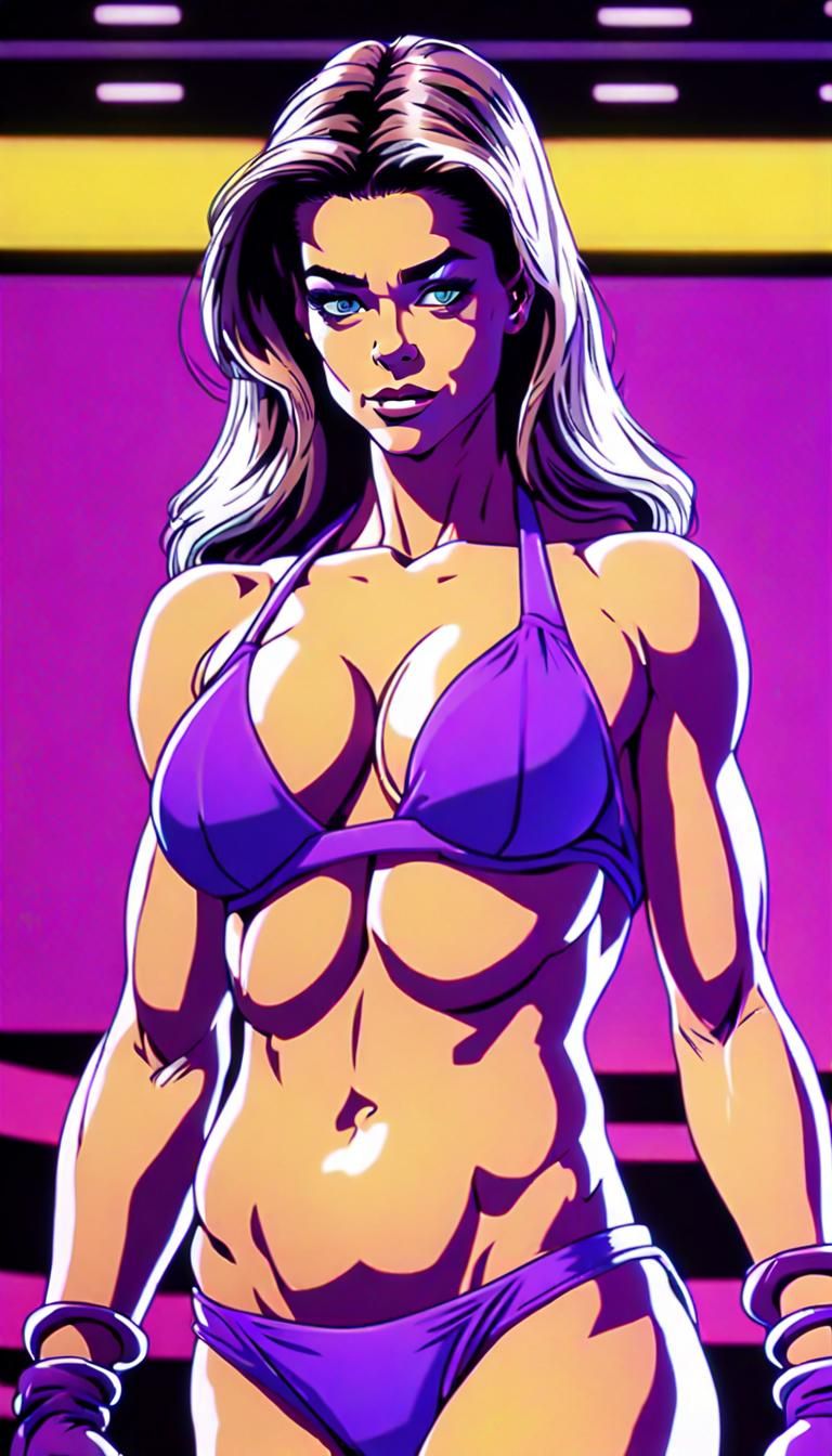 Gothic Bodybuilder in Purple Bikini, Japanese Illustration