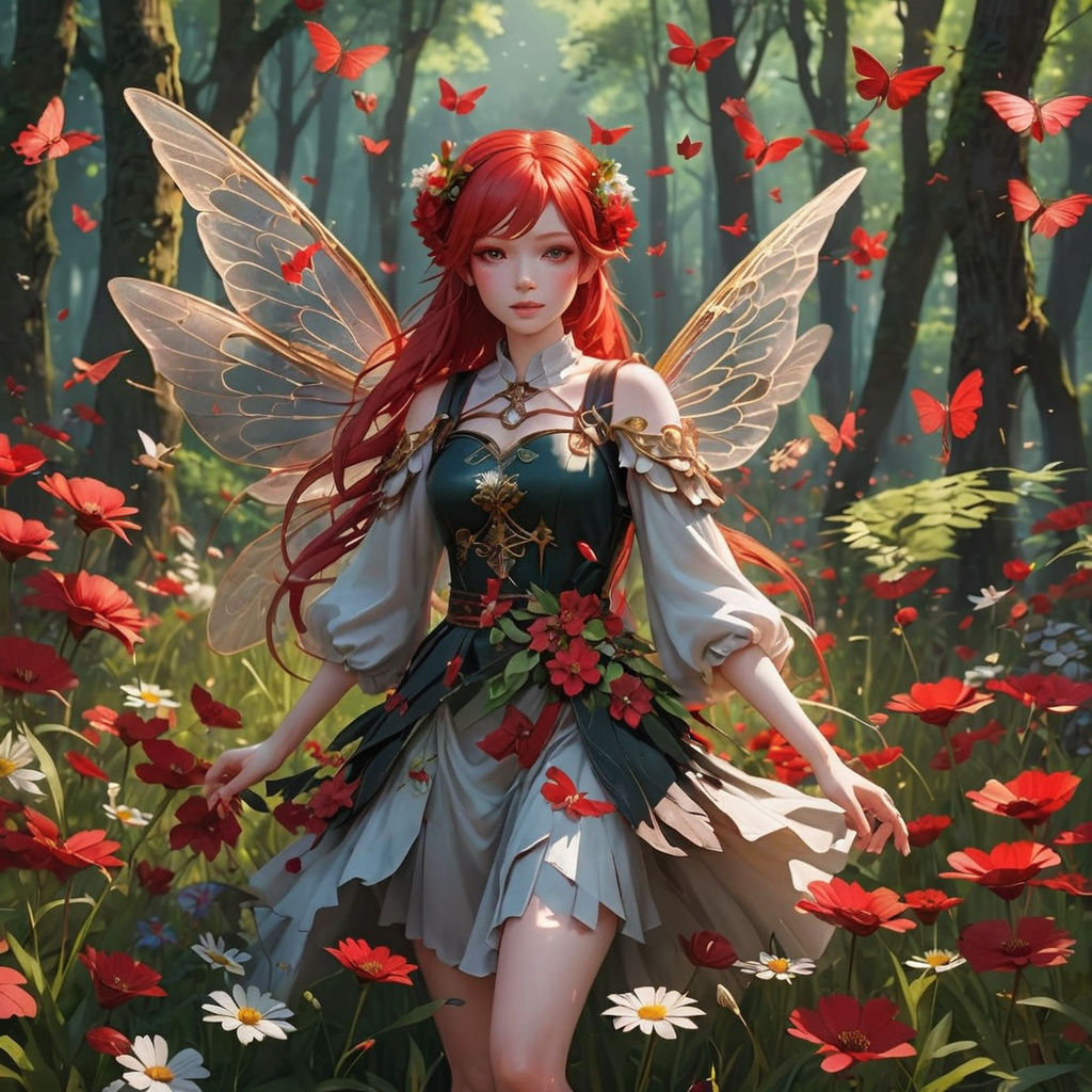 Red Haired Fairy in Red Flower Meadow