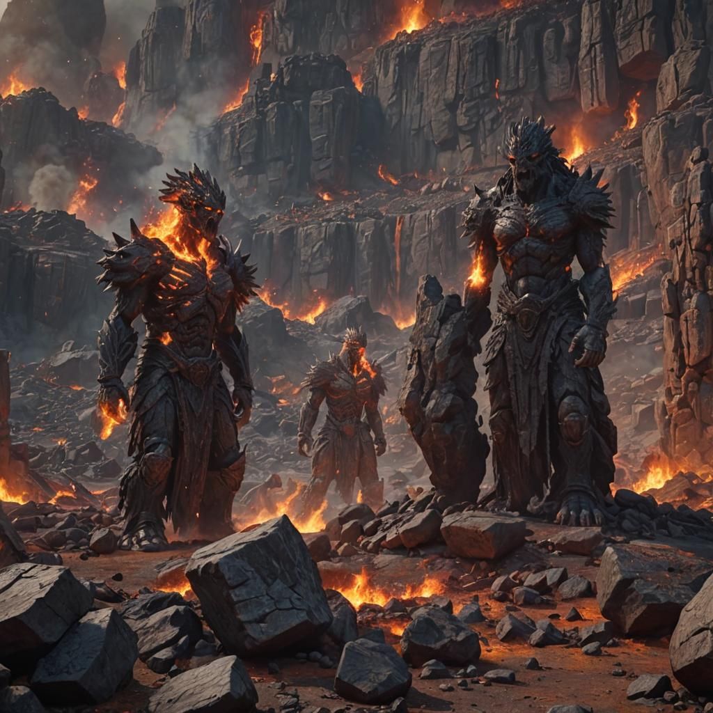 Epic Stone Giants Clash in Fiery Apocalypse